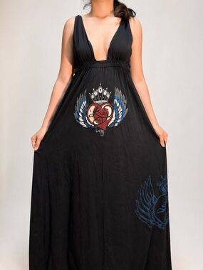 Vintage Y2K Key Closet LA Graphic Plunge Maxi Dress Goth Emo Small